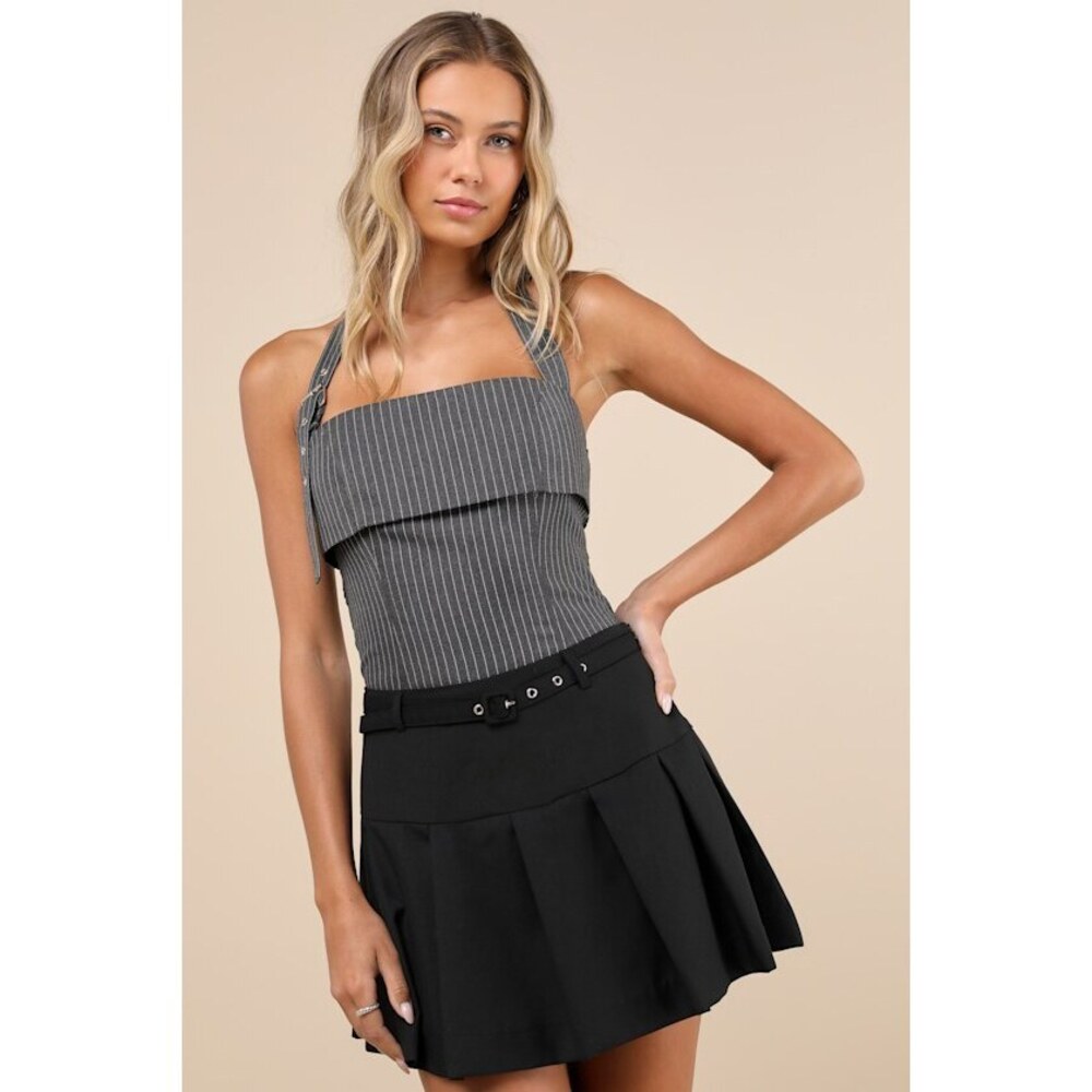Lulus Trendy Cues Grey Pinstriped Buckle Halter Top - Size XS